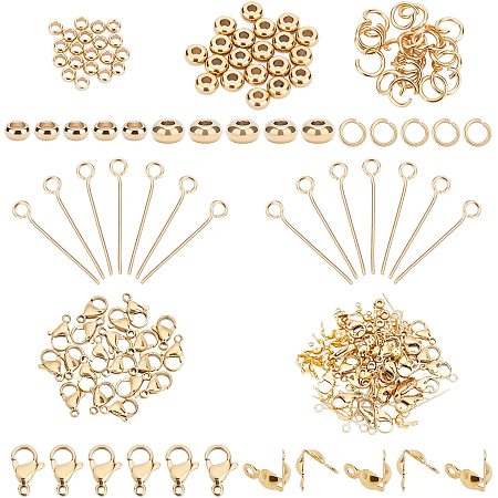 UNICRAFTALE About 120pcs Mixed Styles Jewelry Findings Includes Lobster Claw Clasps Rondelle Spacer Beads Flat Round Beads Open Jump Rings Eye Pins Bead Tips Golden Jewelry Making Kit