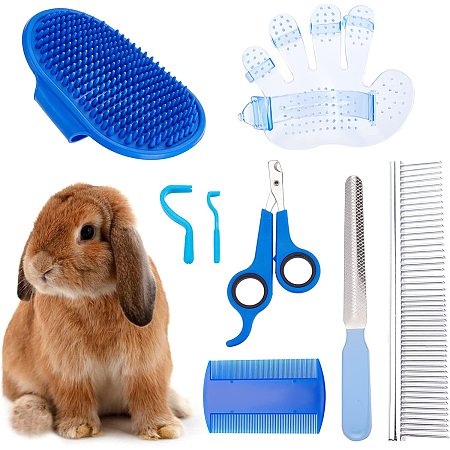 NBEADS 9 Pcs Rabbit Grooming Kit, Rabbit Grooming Brush Comb Pet Hair Remover Bath Brush Pet Nail Clippers Stainless Steel Rasper for Rabbit Hamster Bunny Guinea Pig Cats Dogs