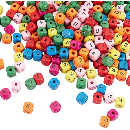 OLYCRAFT 300pcs Alphabet Wooden Beads Colorful Wood Letter Beads 10mm Square Cube Letter Beads Random Mixed Letters Dyed Wooden Loose Beads with Alphabet for Jewelry Making DIY Crafts