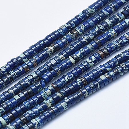 Arricraft Natural Imperial Jasper Beads Strands, Dyed, Heishi Beads, Flat Round/Disc, Midnight Blue, 4x2~2.5mm, Hole: 0.5mm, about 175~180pcs/strand, 15.7 inches(40cm)