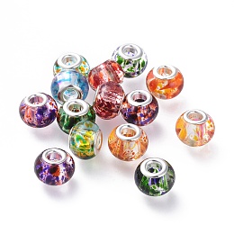 Arricraft Spray Painted Glass European Beads, with Silver Color Plated Brass Cores, Large Hole Beads, Rondelle, Mixed Color, 15x12mm, Hole: 5mm