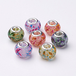 Arricraft Glass European Beads, Large Hole Beads, with Platinum Tone Brass Double Cores, Rondelle with Sakura, Mixed Color, 14x10~11mm, Hole: 5mm