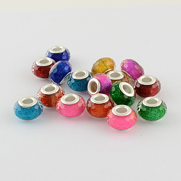 Arricraft Large Hole Acrylic European Beads, with Silver Color Plated Brass Double Cores, Faceted Rondelle, Mixed Color, 14x9mm, Hole: 5mm