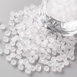 Honeyhandy Glass Seed Beads, Frosted Colors, Round, White, 4mm, Hole: 1~1.5mm, about 4500pcs/pound