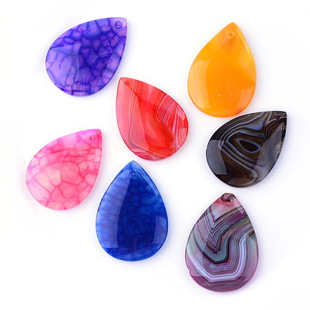 NBEADS Natural Agate Pendants, Dyed, Drop, Mixed Style, Mixed Color, 40~44.5x27.5~30x5~6.5mm, Hole: 2mm
