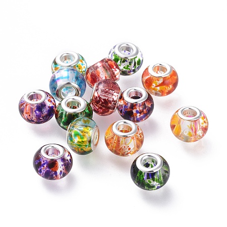 Arricraft Spray Painted Glass European Beads, with Silver Color Plated Brass Cores, Large Hole Beads, Rondelle, Mixed Color, 15x12mm, Hole: 5mm