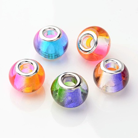 Arricraft Electroplated Glass European Beads, Large Hole Rondelle Beads, with Silver Color Plated Brass Cores, Mixed Color, 15x10mm, Hole: 5mm