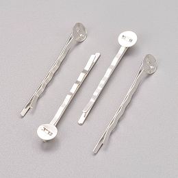 Honeyhandy Iron Hair Bobby Pin Findings, Silver Color Plated, Size: about 2mm wide, 52mm long, 2mm thick, Tray: 8mm in diameter, 0.5mm thick