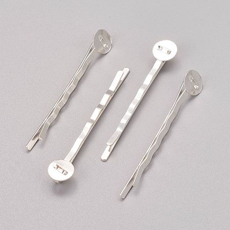 Honeyhandy Silver Color Plated Iron Hair Bobby Pin Findings, Size: about 2mm wide, 52mm long, 2mm thick, Tray: 8mm in diameter, 0.5mm thick