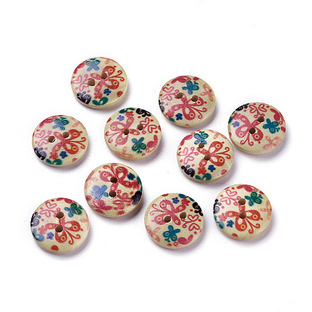 Honeyhandy Lovely 2-hole Basic Sewing Button, Wooden Buttons, Colorful, about 15mm in diameter, 100pcs/bag