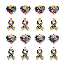 Arricraft 8Pcs 2 Style Enamel Alloy Pendants, Ribbon & Heart, with Puzzle Autism Symbol, Colorful, Platinum, 19~24.5x15~20.5x1.5~2mm, Hole: 1.6~2.4mm, 4pcs/Style