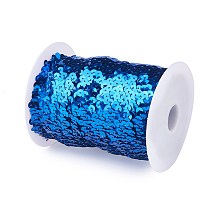 Olycraft Plastic Paillette Elastic Beads, Sequins Beads, Ornament Accessories, 3 Rows Paillette Roll, Flat Round, Blue, 25x1.5mm; 10m/roll