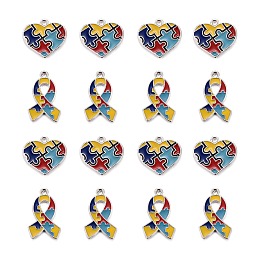 Arricraft 8Pcs 2 Style Enamel Alloy Pendants, Ribbon & Heart, with Puzzle Autism Symbol, Colorful, Platinum, 19~24.5x15~20.5x1.5~2mm, Hole: 1.6~2.4mm, 4pcs/Style