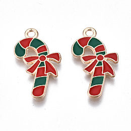 Arricraft Alloy Enamel Pendants, Christmas, Cadmium Free & Lead Free, Candy Cane, Light Gold, Red & Green, 23x12x1.5mm, Hole: 1.8mm