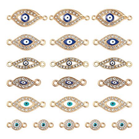 Arricraft 60Pcs 6 Style Light Gold Plated Alloy Links, with Crystal Rhinestone and Enamel, Evil Eye & Flat Round with Evil Eye, Mixed Color, 13.5~27x7.5~12.5x2~3.5mm, Hole: 1.4~2mm, 10pcs/style