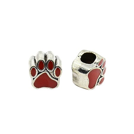 NBEADS 10 Pcs Red Dog Paw Print Alloy Enamel European Beads, Large Hole Antique Silver Tone European Charms Beads fit Bracelet Jewelry Making