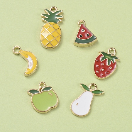 Fruit Theme, Alloy Enamel Pendants, Banana & Apple & Watermelon & Strawberry & Pineapple & Pear, Light Gold, Mixed Color, 12pcs/set