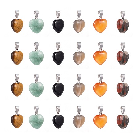 Arricraft 12Pcs/Box 6 Styles Natural Gemstone Pendants, with Platinum Tone Brass Findings, Heart, 17x15x5mm, Hole: 2mm, 2pcs/style