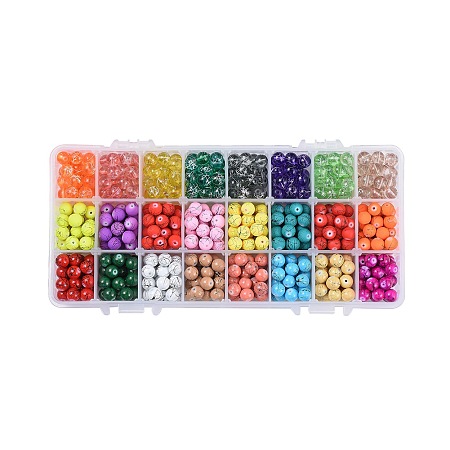 Mixed Style Drawbench Glass Beads, Round, Mixed Color, 8~8.5mm, Hole: 1~1.6mm; about 30pcs/comparment, 720pcs/box; Packaging Box: 21.8x11x3cm