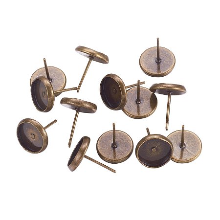 NBEADS 500 Pcs Brass Stud Earring Settings, Antique Bronze, Tray: 8mm; 12x10mm, Pin: 0.7mm