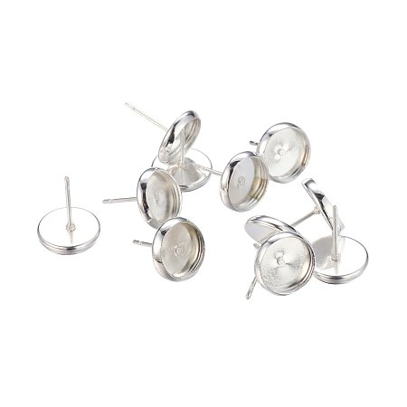 NBEADS 500 Pcs Brass Stud Earring Settings, Cadmium Free & Nickel Free & Lead Free, Silver, Tray: 8mm; 12x10mm, Pin: 0.7mm
