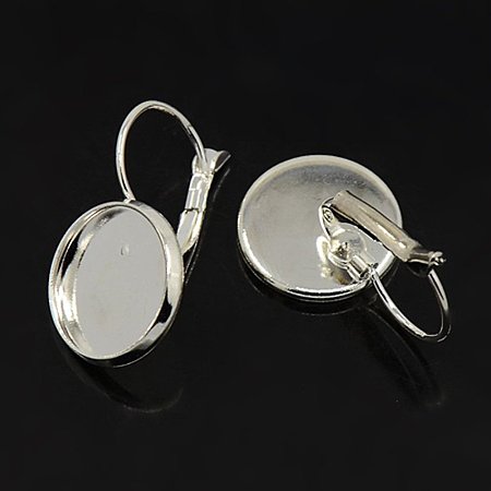 NBEADS 100 Pcs Silver Brass Lever Back Hoop Earrings Components with Flat Round Tray Open Loop Earring for Earring Making