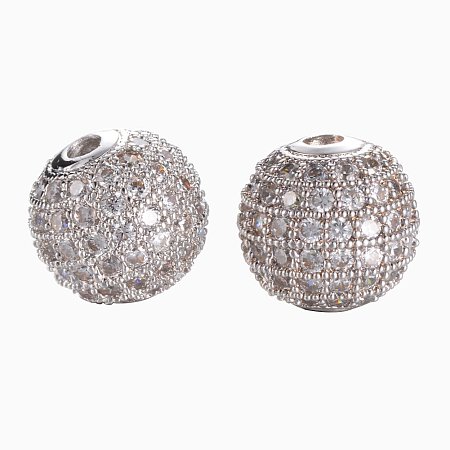 NBEADS 10PCS 10mm Platinum CZ Brass Clear Crystal Micro Pave Cubic Zirconia Round Beads Bracelet Connector Charms Beads for Jewelry Making