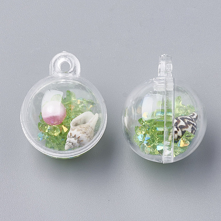Openable Plastic Pendants, with ABS Plastic Imitation Pearl, Resin Rhinestones and Shell Beads Inside, Round, Light Green, 25.5x20mm, Hole: 2mm