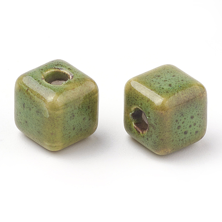 Handmade Porcelain Beads, Fancy Antique Glazed Style, Cube, Lime Green, 8.5x8.5x8.5mm, Hole: 2.5~3mm