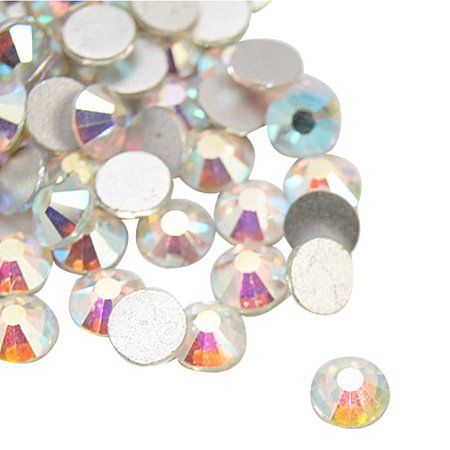 Nbeads Glass Flat Back Rhinestone, Grade A, Back Plated, No Hot-Fix, Faceted, Half Round, Crystal AB, 6.3~6.5mm; About 288pcs/bag