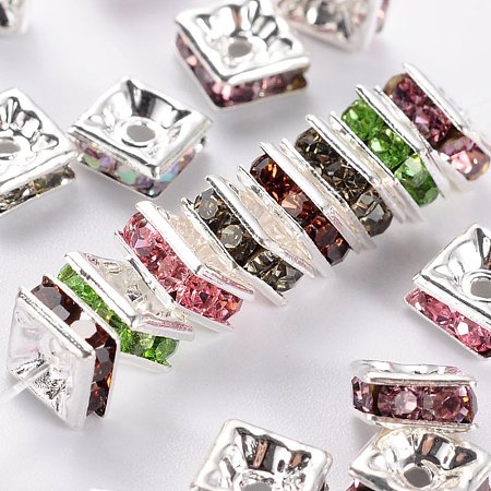 NBEADS Brass Rhinestone Spacer Beads, Square, Nickel Free, Silver, Mixed Color, About 5mm Long, 5mm Wide, 2.5mm Thick, Hole: 1mm