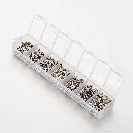 Beadthoven 1Box 260pcs/box Tibetan Style Alloy Bead Spacers Large Hole, Mixed Style, Column, Antique Silver