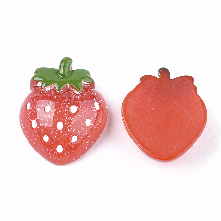 Resin Cabochons, with Glitter Powder, Strawberry, Red, 19x15x6mm