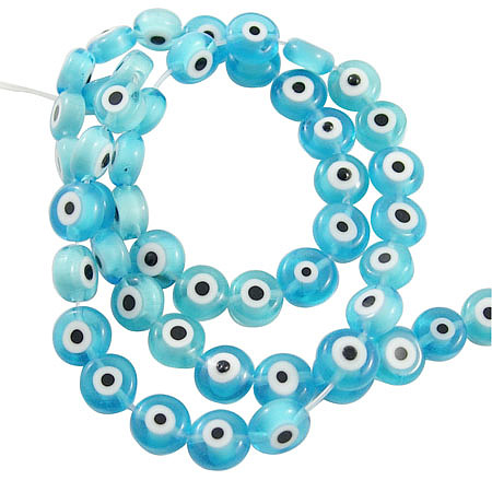 Handmade Lampwork Beads, Evil Eye, Flat Round, Cyan, about 8mm in diameter, 4mm thick, hole: 1mm, about 50pcs/strand