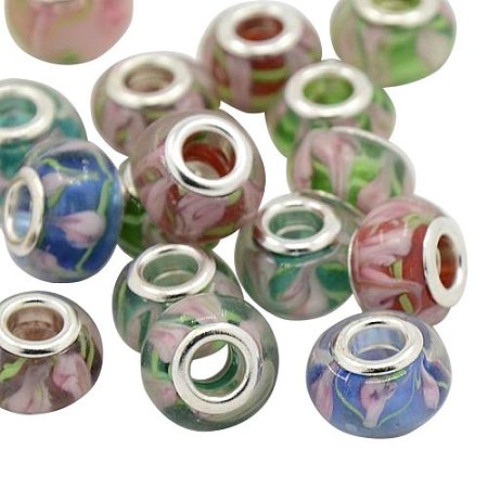 ARRICRAFT 20 Pcs 13mm Mixed Color Handmade Lampwork Large Hole European Beads for Biagi Bracelets; with Silver Color Brass Double Cores