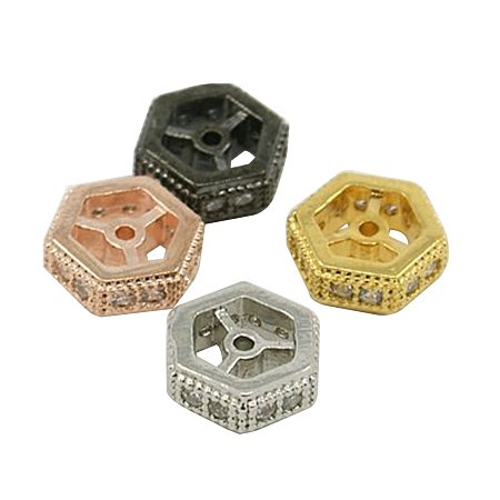 NBEADS 10PCS 3.5x10mm Brass Micro Pave Cubic Zirconia Beads Mixed Color Hexagon Hollow Beads Spacer Beads for Jewelry Making