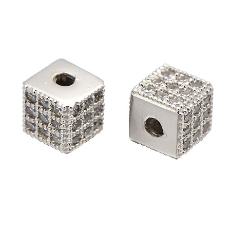 Nbeads Fashionable Brass Micro Pave Cubic Zirconia Cube Beads, Platinum, 6x6x6mm, Hole: 1.5mm