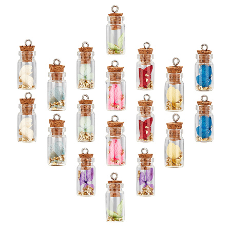 SUNNYCLUE Glass Wishing Bottle Pendant Decorations, with Dried Flower  & Chip Gemstones inside, Cork Stopper and Platinum Iron Screw Eye Pin Peg Bails, Mixed Color, 27~29x11mm, Hole: 2mm; 10 colors, 2pcs/color, 20pcs/box