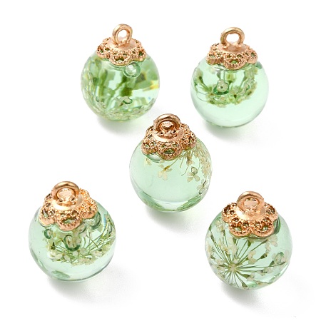 Arricraft Glass Dried Flower Big Pendants, with Alloy Findings, Round, Light Gold, Pale Green, 21x16mm, Hole: 2mm
