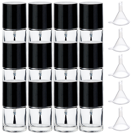 BENECREAT Transparent Glass Nail Polish Empty Bottle, with Brush and Plastic Funnel Hopper, Clear, Bottle: 61x27.5mm; Capacity: 10ml, 12pcs/box