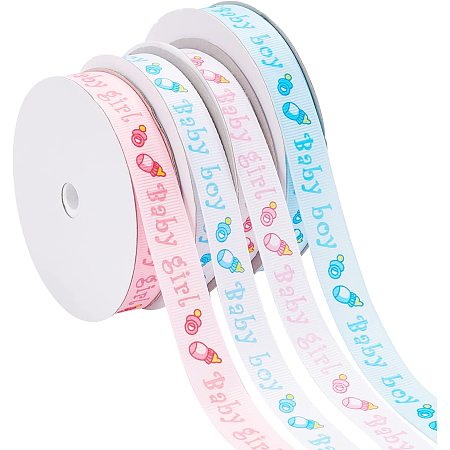 PandaHall Elite Baby Shower Ornaments Decorations Word Baby Printed Polyester Grosgrain Ribbons, Mixed Color, 5/8 inch(14mm); about 20yards/roll(18.29m/roll), 4 colors, 1roll/color, 4rolls/set