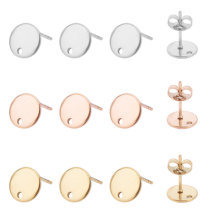 Unicraftale Vacuum Plating 304 Stainless Steel Stud Earring Findings, with Loop and Flat Plate, Flat Round, Mixed Color, 8x1mm, Hole: 1.5mm; Pin: 0.8mm; 3 colors, 14pcs/color, 42pcs/box