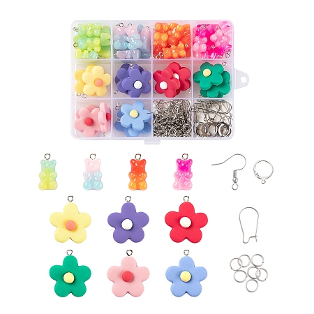 Arricraft 198Pcs DIY Cute Resin Earrings Jewelry KIts, Including Bear & Flower Pendants, Stainless Steel Leverback Earring & Hoop Earrings &  Jump Rings, Mixed Color