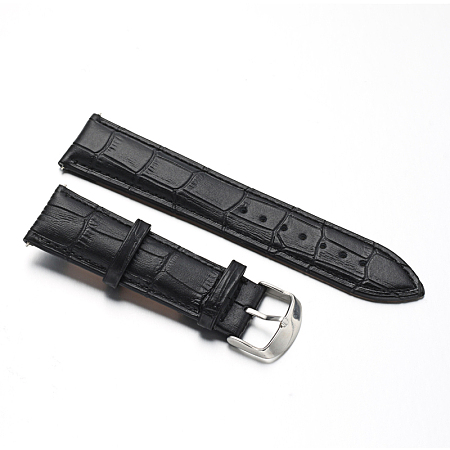 Gorgecraft Leather Watch Bands, with Stainless Steel Clasps, Black, 88x22x2mm; 124x20x2mm