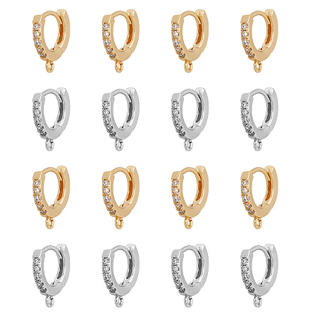 DICOSMETIC 16Pcs 2 Colors Brass Micro Pave Cubic Zirconia Huggie Hoop Earring Findings, with Horizontal Loop, Ring, Clear, Mixed Color, 13.5x12x2.5mm, Hole: 1mm, Pin: 0.8mm, 8Pcs/color