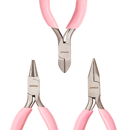 SUNNYCLUE 45# Carbon Steel Jewelry Plier Sets, Polishing, Pink, 7.5~8.1x4.4~4.7x0.75~0.8cm; 3pcs/set