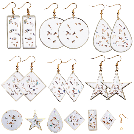 SUNNYCLUE DIY Earring Making, with Epoxy Resin Pendants, with Shell and Brass/Alloy Findings, Brass Earring Hooks, Mixed Shapes, Golden, 7.4x7.2x1.7cm