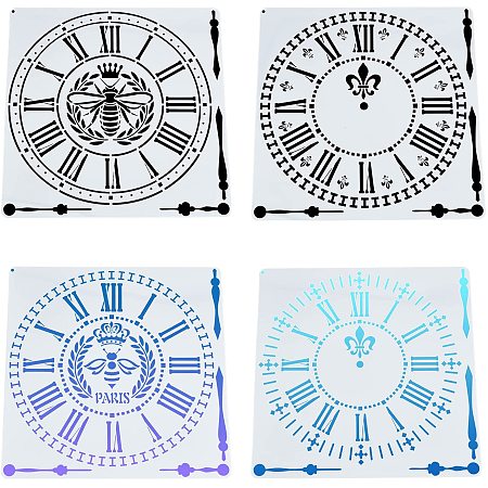 Gorgecraft Plastic Drawing Stencil, Drawing Scale Template, For DIY Scrapbooking, Clock Pattern, Clear, 305x305x0.5mm, 4styles, 1pc/style, 4pcs/set