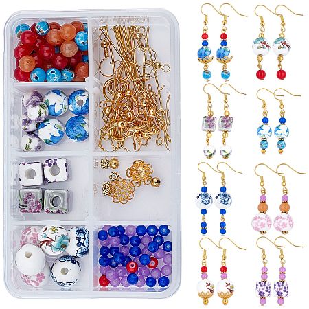 SUNNYCLUE DIY Earring Making Kits, with Porcelain Beads, Synthetic Turquoise & Natural Malaysia Jade & Natural Red Aventurine Beads, Shell Beads and Brass Earring Hooks, Golden, Box: 11x7x3cm