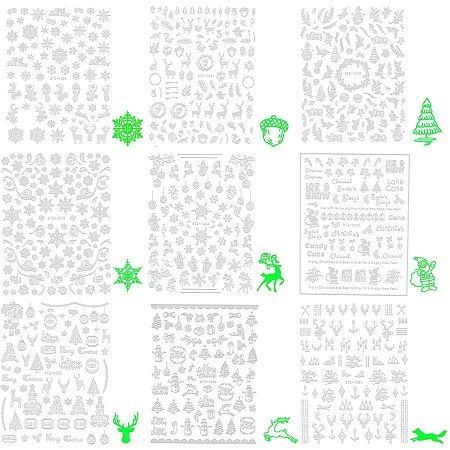 OLYCRAFT Luminous Nail Art Stickers Decals, DIY Nail Art Decoration, Christmas Themed Pattern, White, 105.5x80x0.1mm; 9 patterns, 1sheet/patter, 9sheets/set